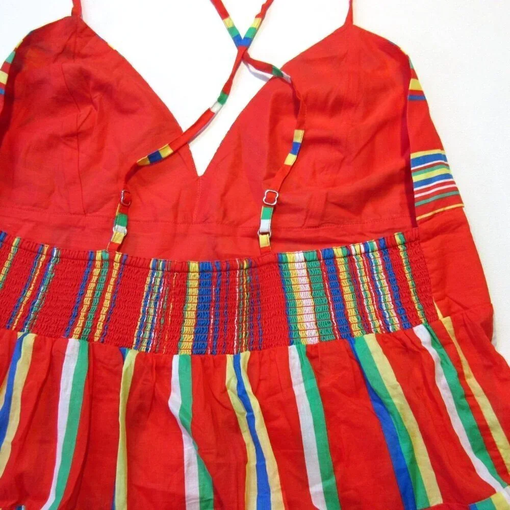 NWT J.Crew Tiered Cotton Voile Maxi in Red Multi Stripe Cross Strap Dress L